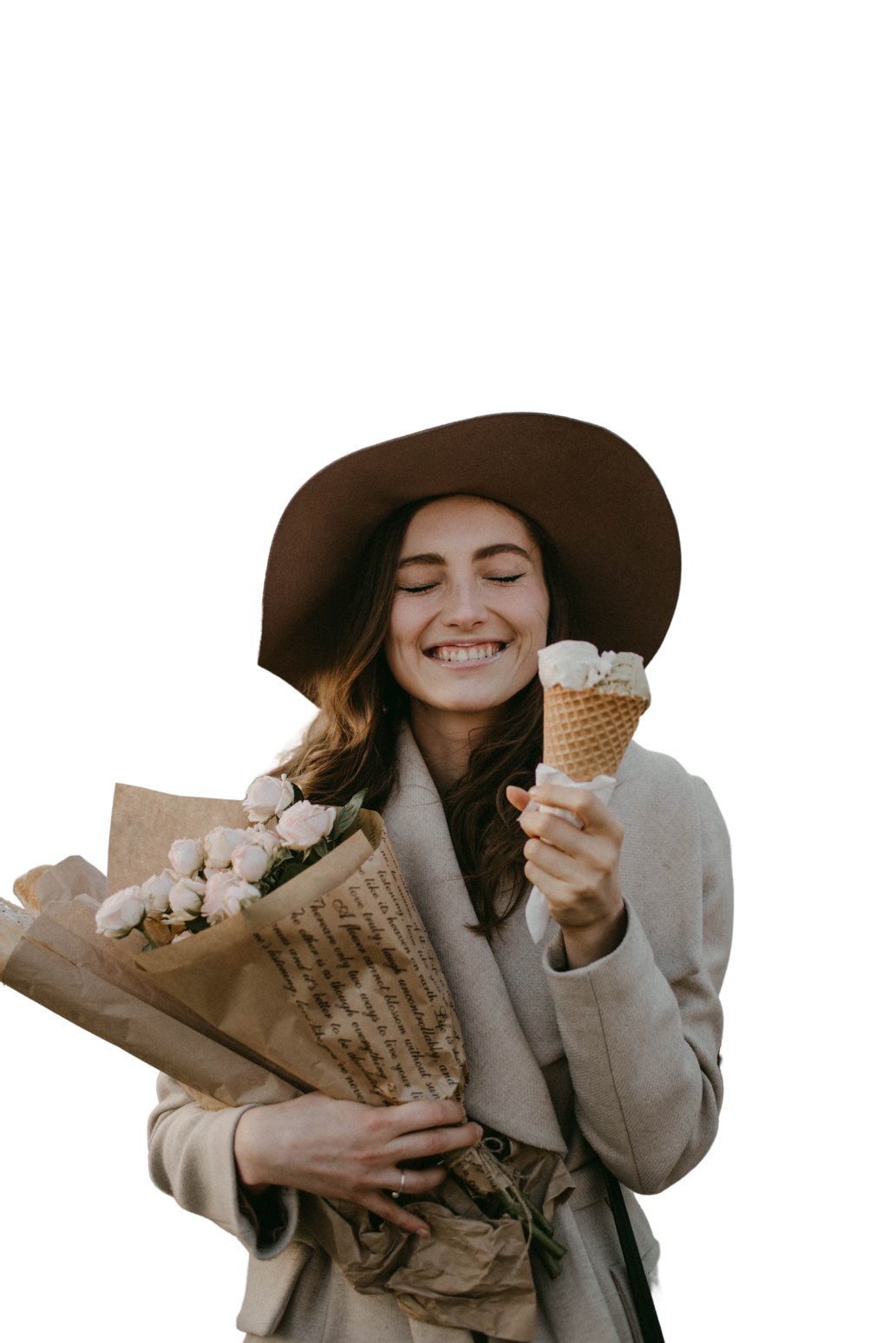 Woman Wearing Brown Coat Holding White Flower Bouquet And Ice Cream